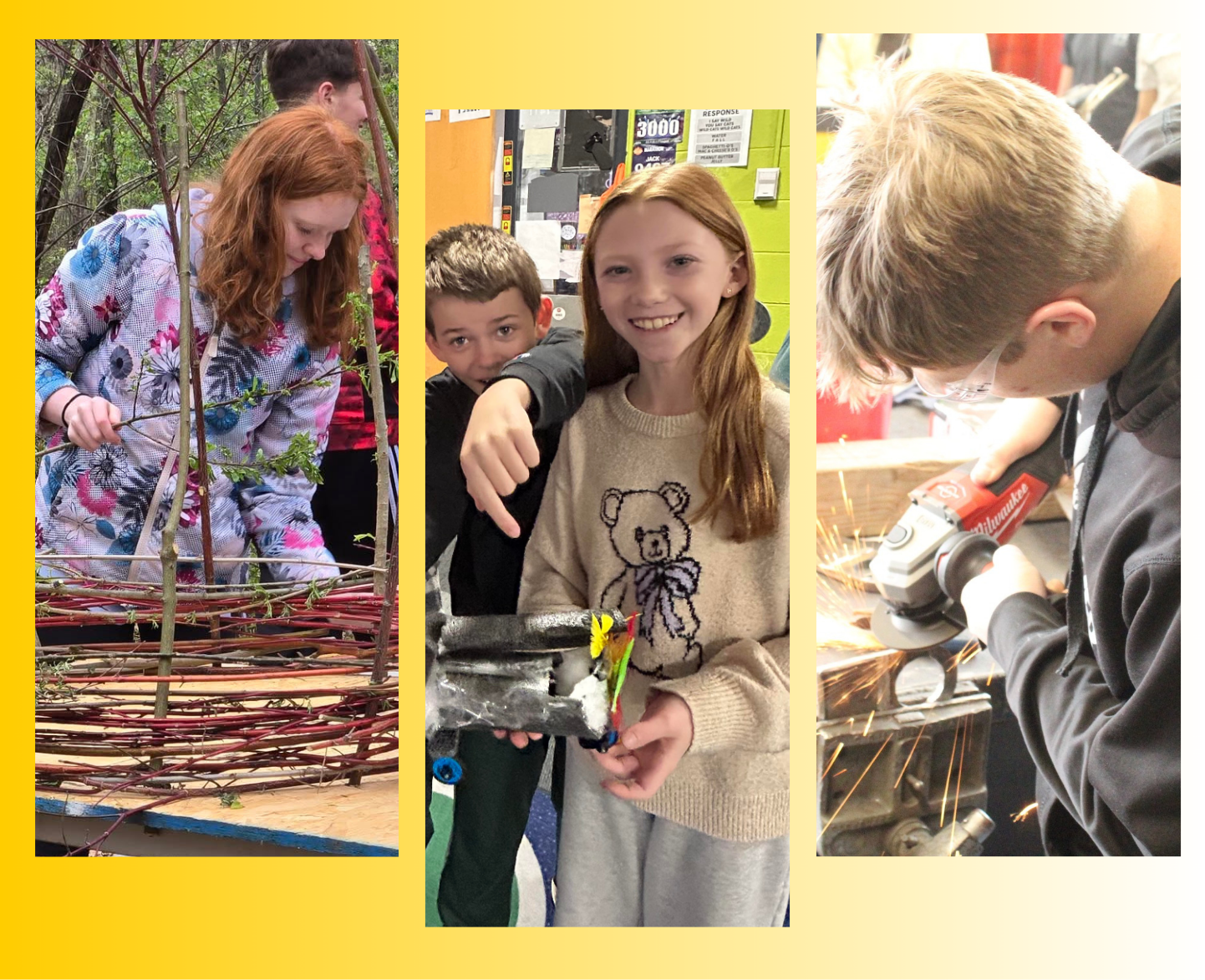 3 photos of middle school, elementary, and high school students